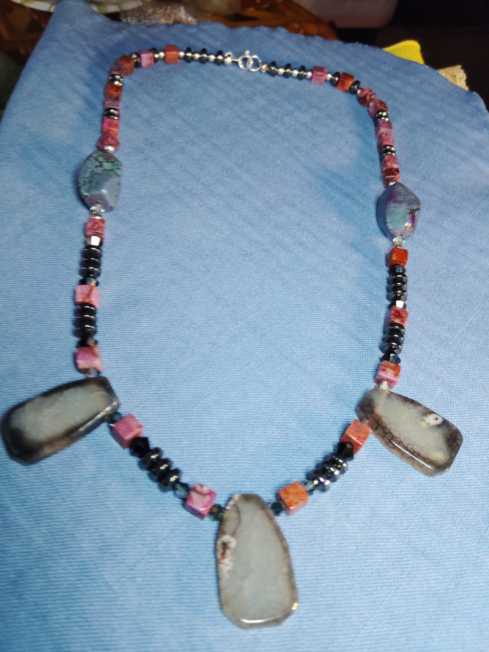 AZURITE, HEMATITE, RHODONITE, AGATE, MIXED GEMSTONES & STERLING  NECKLACE. 20"L